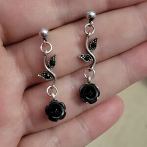 Black rose dangling post earrings